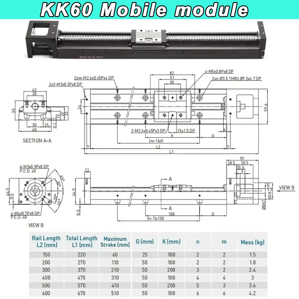 High Precision Ball Screw Sliding table KK60 Linear Moving Module 60mm-510mm Stroke Repeatability +- 0.01 Industrial Robot Guide