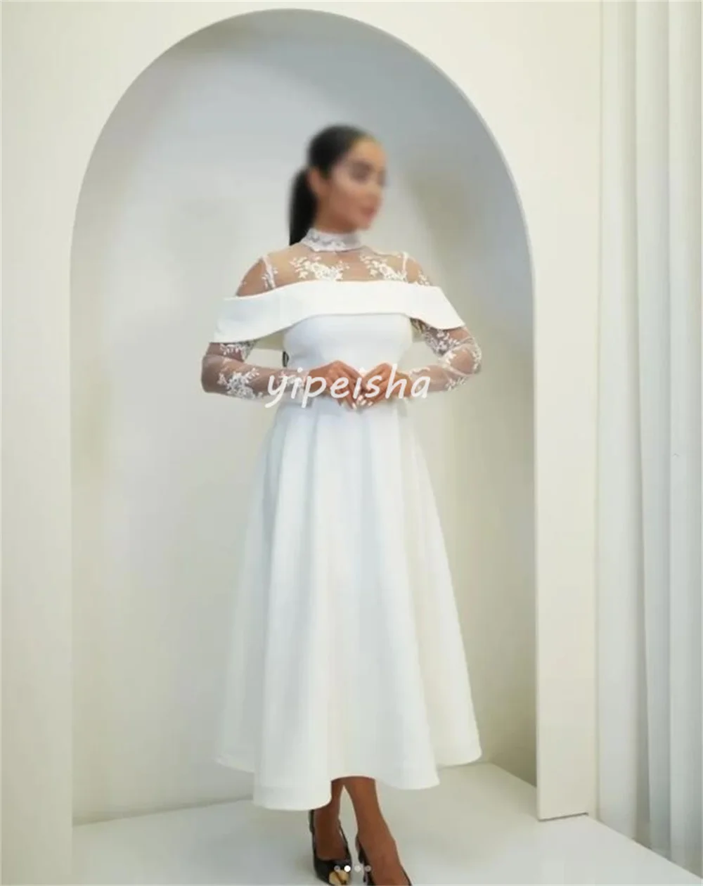 تخصيص رائعة الرسمية جيرسي الطية الدانتيل ألف خط عالية الياقة فساتين متوسطة الطول مخصص فساتين المناسبات الأحجام المتاحة الكلاسيكية