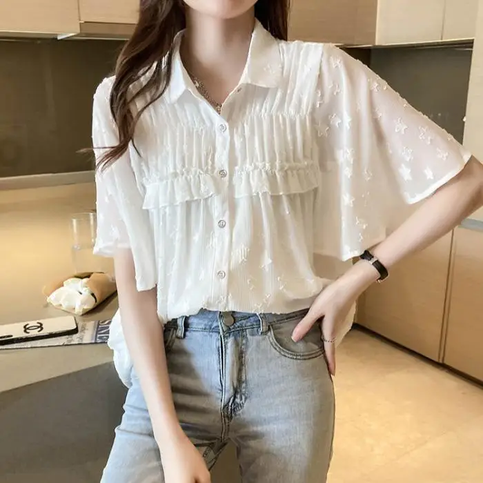 Fashion Solid Color Button Spliced Ruffles Chiffon Shirt Women\'s Clothing 2023 Spring New Casual Tops Loose Office Lady Blouse