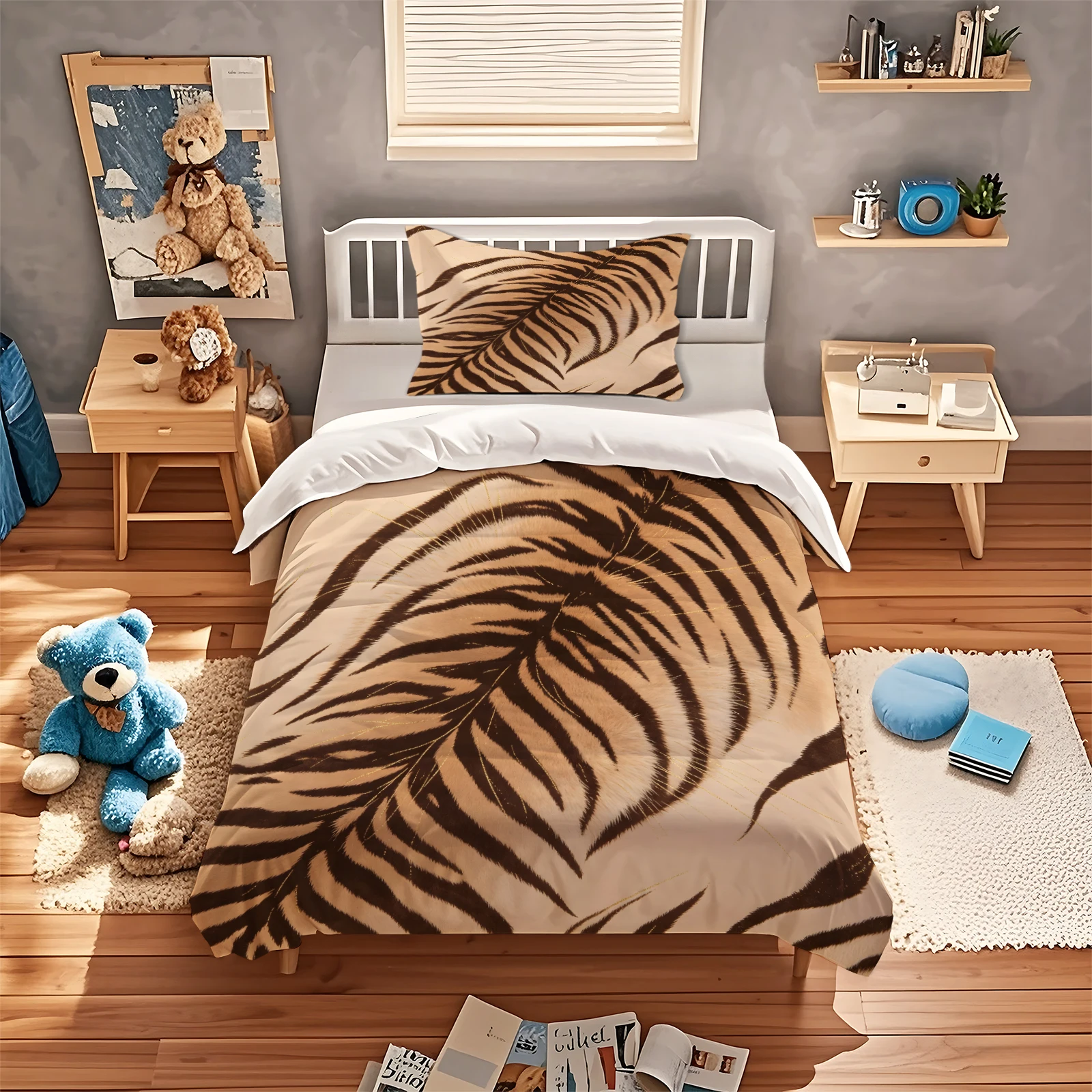 Symmetrical Tiger Fur Print Duvet Cover Set Soft Brushed Microfiber Wild Animal Stripe Bedding Set Quilt Cover with Pillowcase