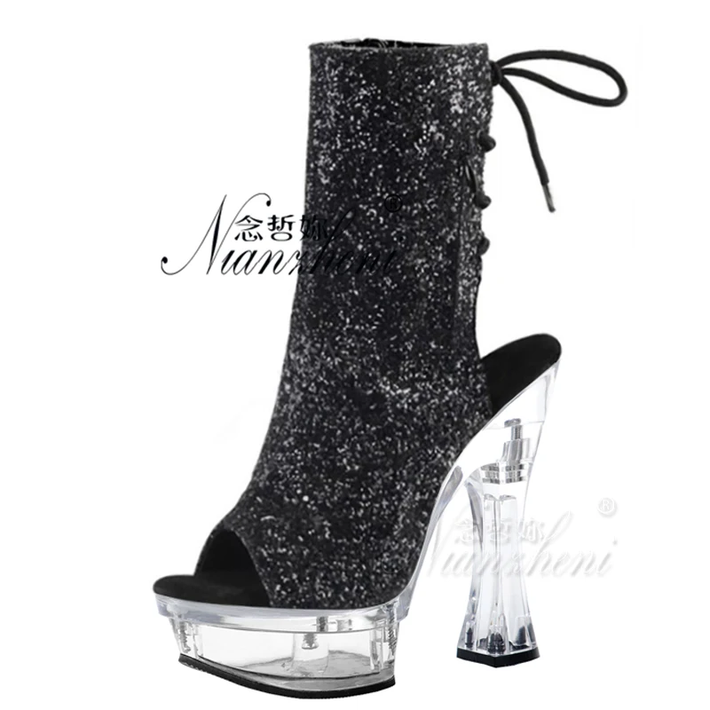 7nch High Heels Exotic 18cm Silver platform Dress Pole Dance tacosto dance Open Toe bling crystal Glitter Lace Up Gold Stripper