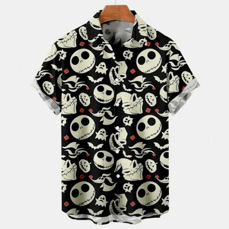 Christmas Men\'s Shirt Skull And Devil Graphic Short-Sleeved Printed Tshirt Loose Lapel Button Shirt Beach Party Clothing Men Top