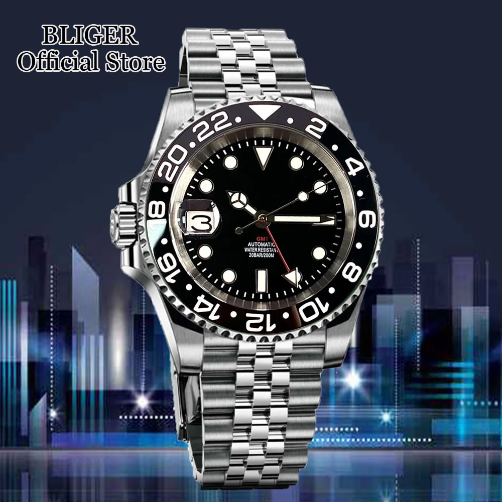 40mm Left Hand NH34A 200M Waterproof 40mm Black Dial GMT Function NH34 GMT Automatic Watch Men Ceramics Alloy Bezel 2023 New