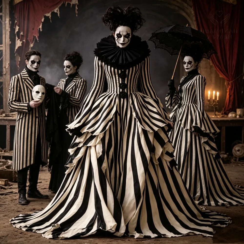 Sleepy Hollow-inspiriertes Halloween-Kostüm Katrina Van Tassel Cosplay-Kostüm Mittelalterliches gotisches schwarz gestreiftes Hofjester-Ballkleid