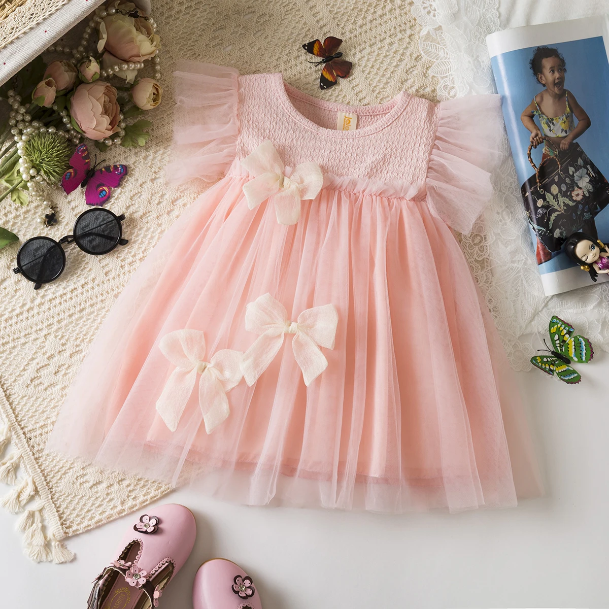 Baby Mädchen Kleid Sommer Bogen Einfarbig Mesh Puffy Mädchen Kinder Kleid Nette Geburtstag Feier Süße Mädchen Kleid