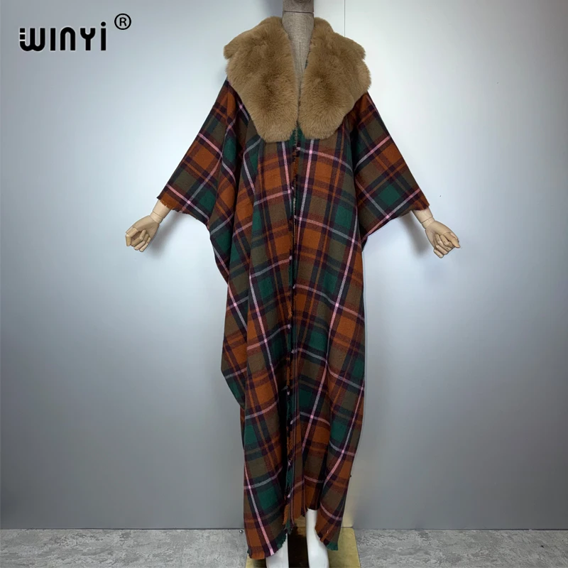 

WINYI fashion print winter Fringed cardigan abaya dubai luxury Coat OverCoat Thick Warm Female winter outerwears long down dress