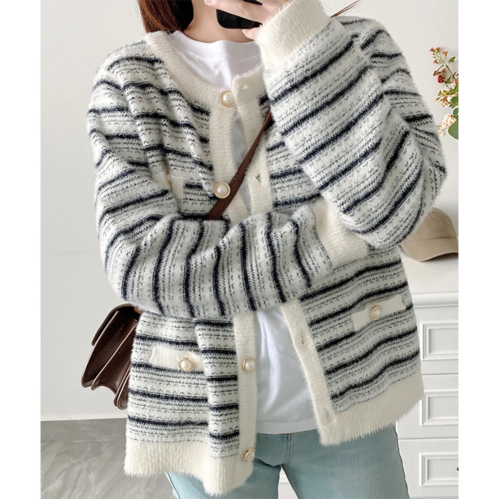 

Women Striped Cardigans Coats Spring Autumn Long Sleeve Soft Knitted Jackets Outerwear Faux Mink Fleece Sweater Outerwear