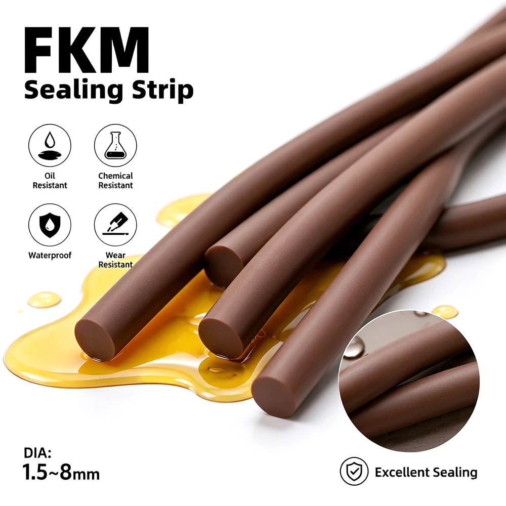 5/10/20M Brown FKM Vitons Sealing Cord Dia1.5-8mm Solid Round Fluororubber Strip High Temp Oil Resistant Auto Rubber Seal Gasket