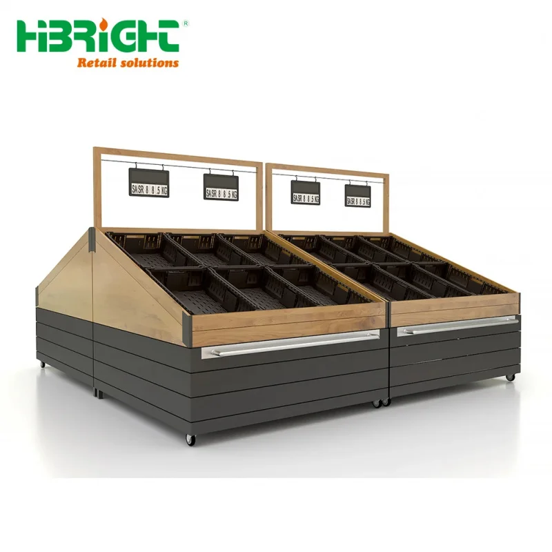 custom.Highbright Hot Selling Wood Customized Double Side Color Supermarket Wheel Vegetable Display Rack
