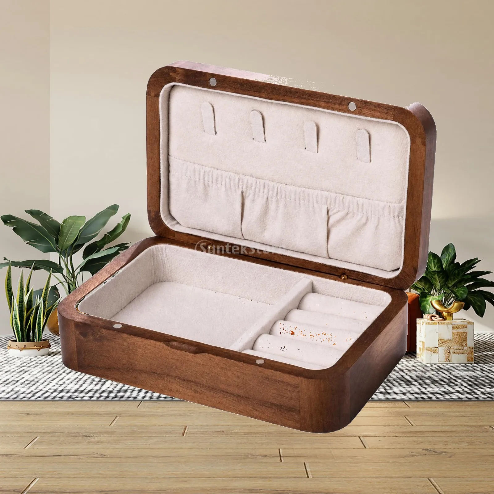 Walnut-Finish Jewelry Box Sturdy Wooden Jewelry Box Compact Slim for Bedroom Dresser, Vanity