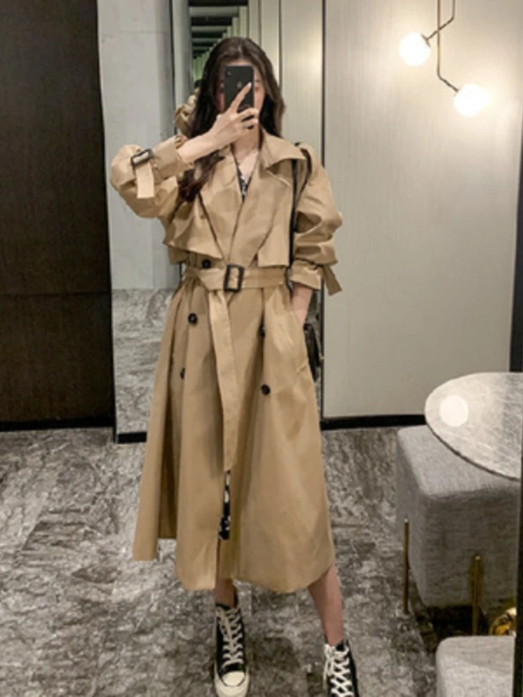 

Autumn Clothes Women 2023 Solid Color Lapels Double Row Buttons Long Windbreaker Women's Work Jacket Trench Coat for Women Tops