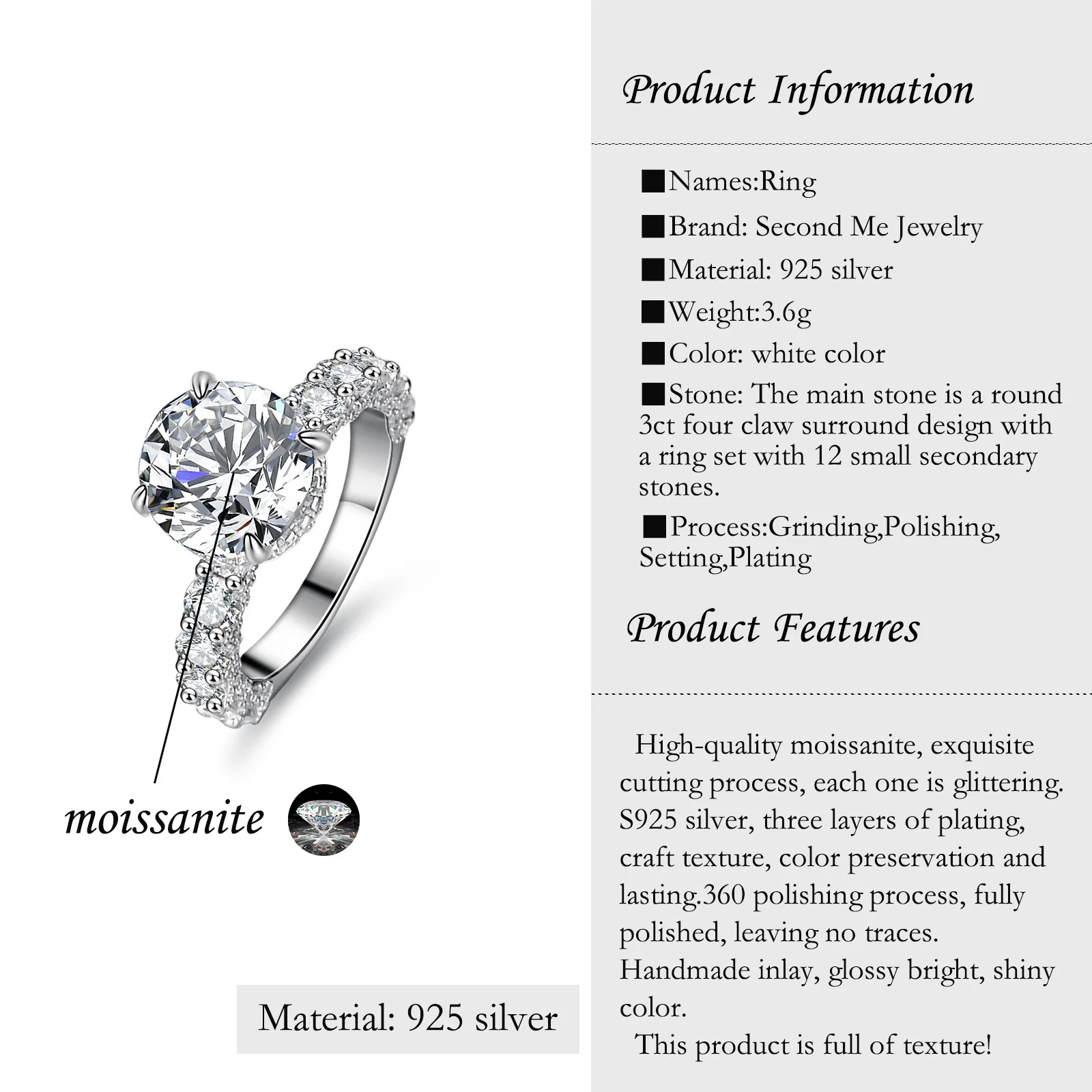 【JYJZZ156】S925 silver moissanite 3 carat ring for women ho set fashion high class feeling simple dove egg.