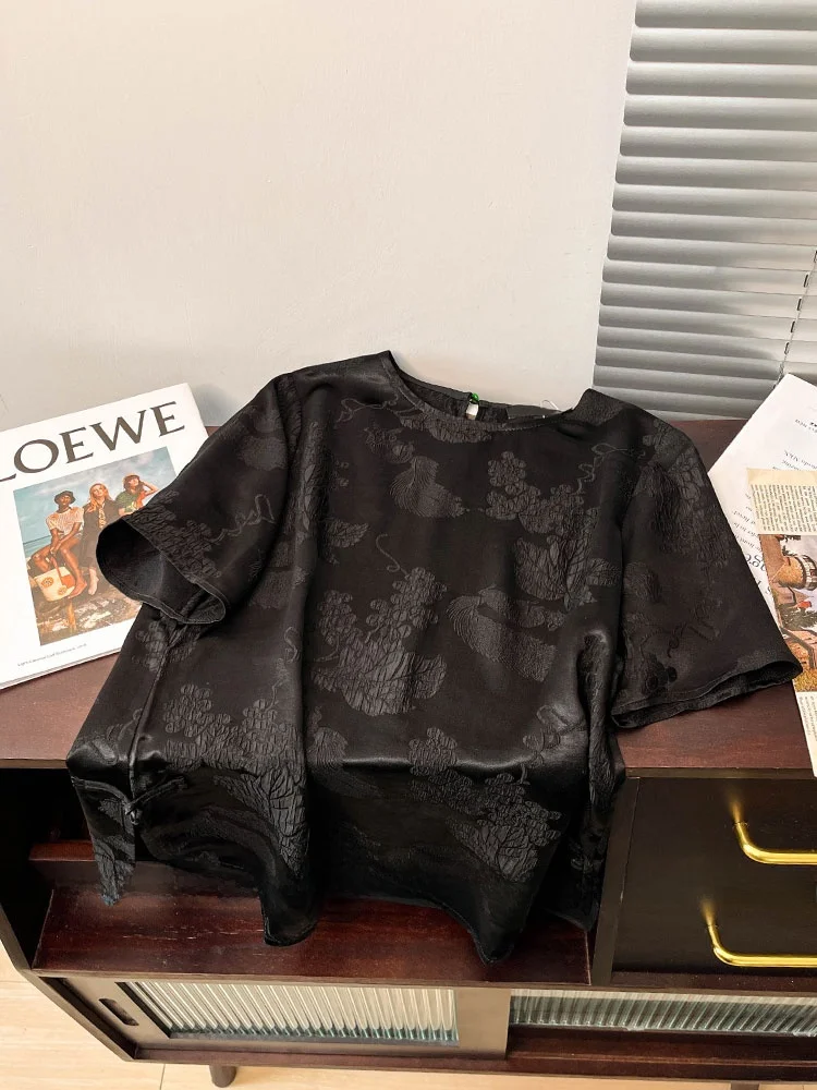 Nuovo cinese Sle ricamo pesante Bla ort Sve T-shirt da donna estiva allentata sensazione di fascia alta pulsante vento nazionale Acet...