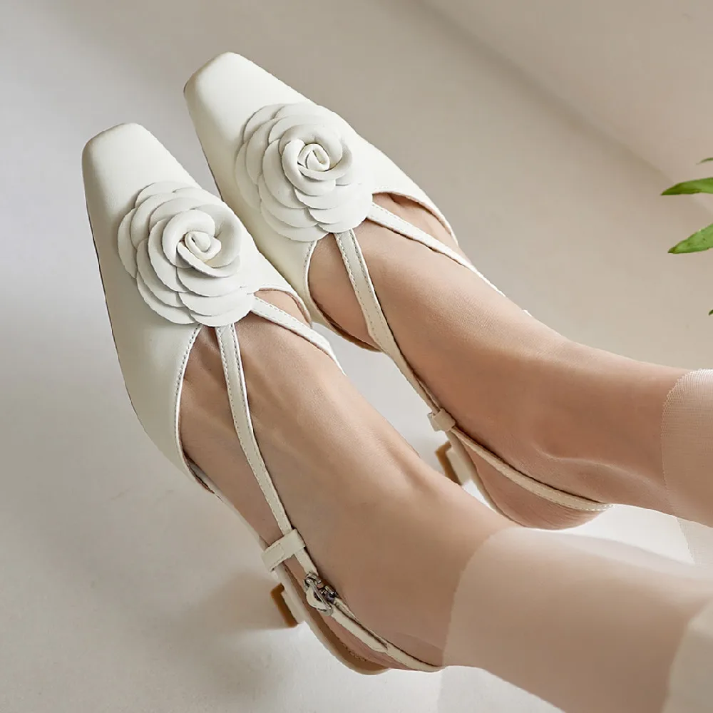 Women\'s genuine leather thin high heel pointed toe slingback summer pumps elegant ladies slim daily dress sandals flower shoes