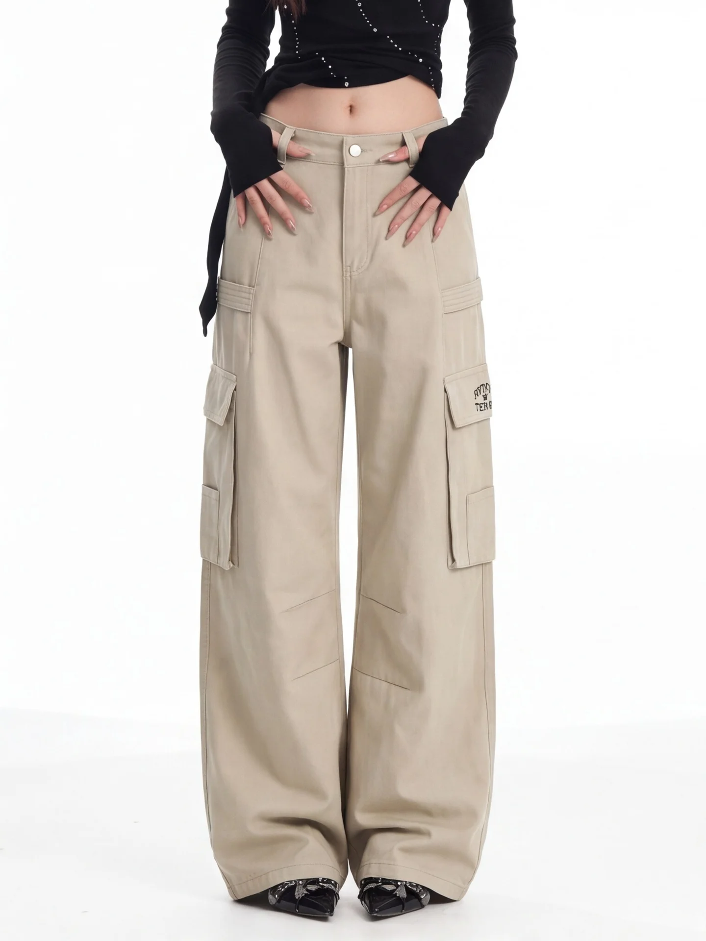 High Waist Wide Leg Casual Trousers Women's Loose Fit Khaki Workwear Pants Multiple Pockets Design Breathable Cotton Pants