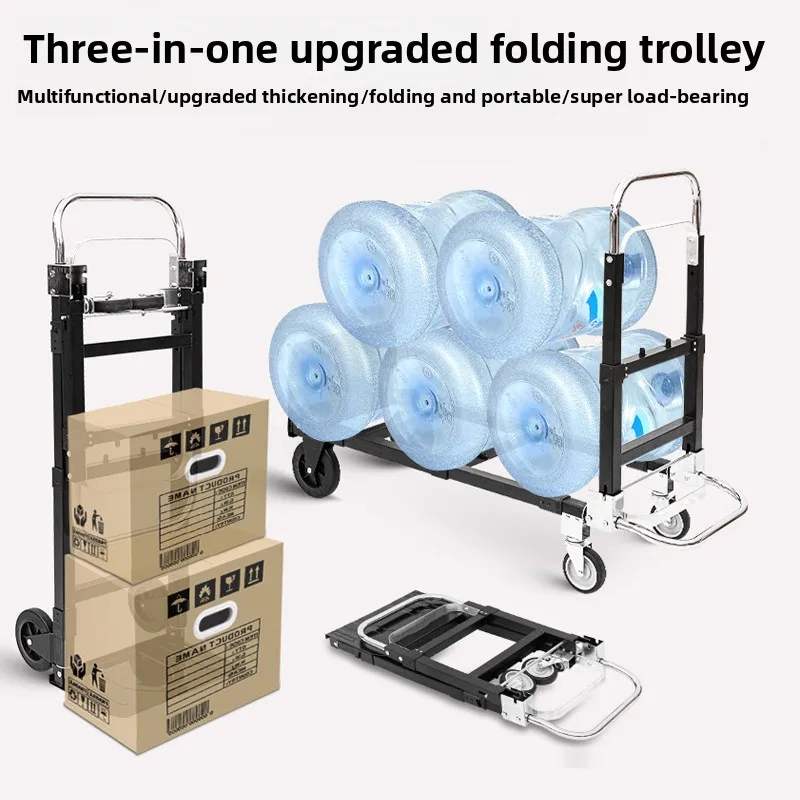 150kg Galvanized Folding Telescopic Hand Truck, Multifunctional Portable Warehouse Transport Trolley