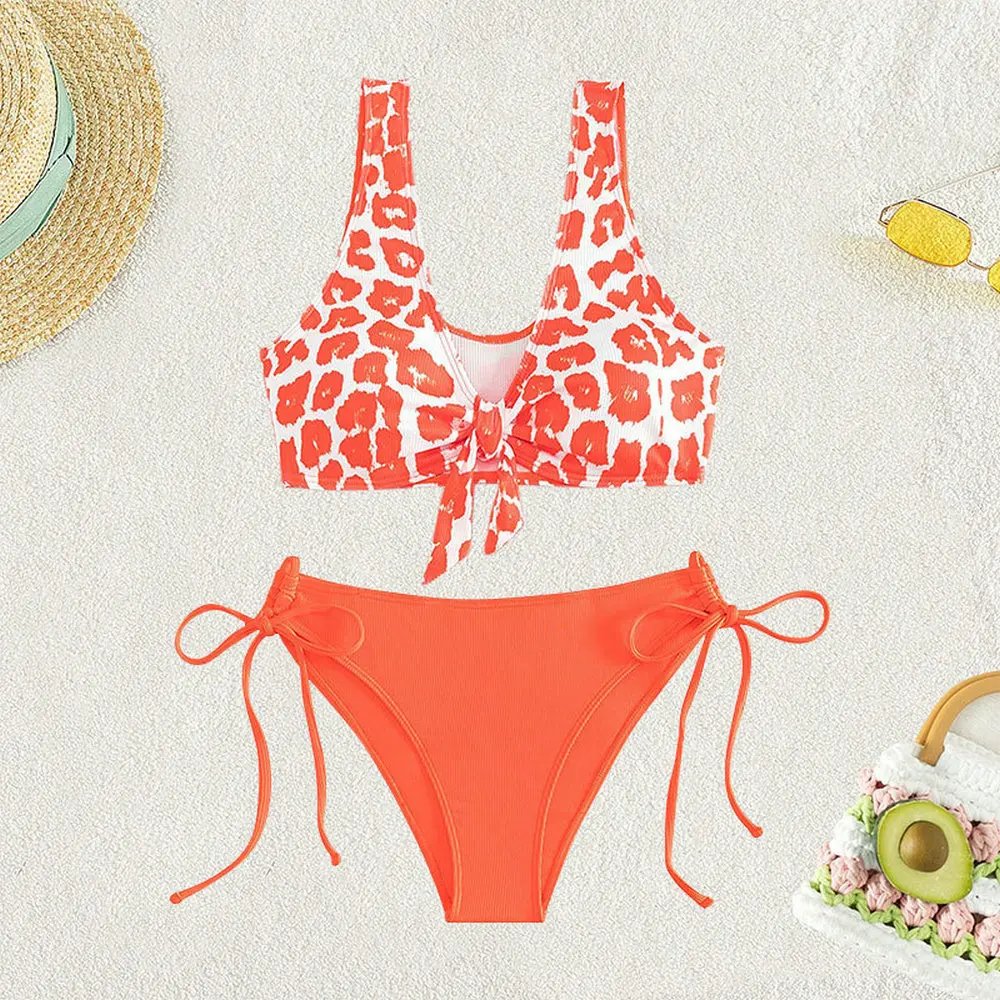 

Оранжевый леопардовый комплект бикини с завязками, топ бикини, купальник танкини, праздничный купальник, стринги, женский купальный костюм Y2K, пляжный наряд