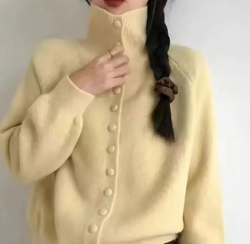 

New Soft High Neck Button Down Womens Cardigan Sweater Korean Style Ins Fashion Winter Fall Cozy Knit