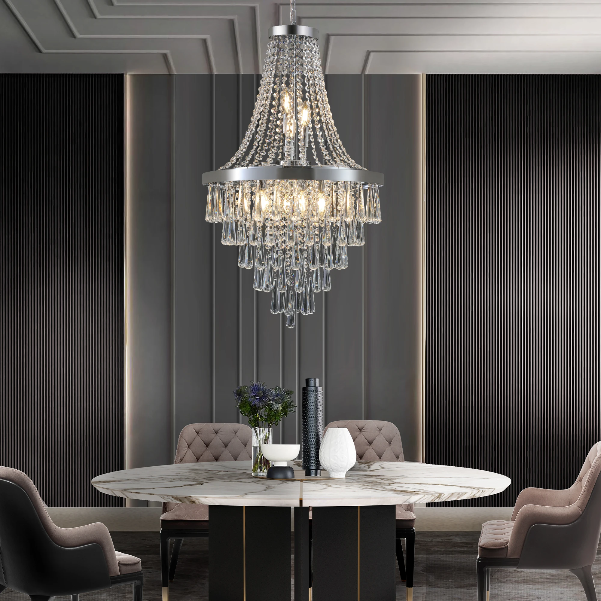 Grande lustre de cristal prateado de luxo, deslumbrante cristal K9, acabamento metálico de alta qualidade, é uma escolha ideal para decoração chique