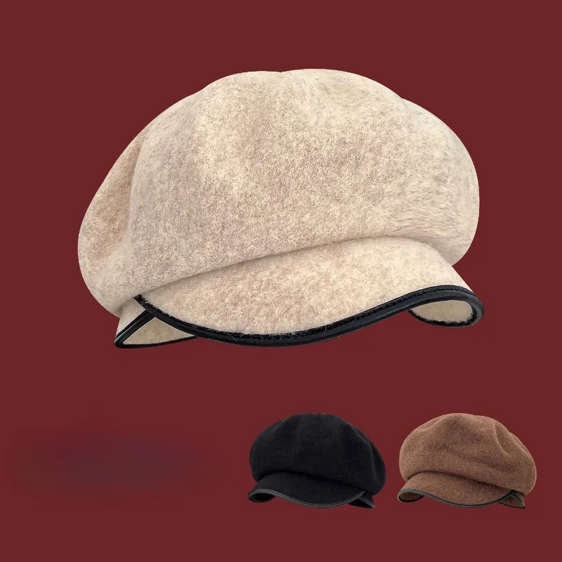 

Simple Temperament Woolen Leather Edge Design Painter Hat Autumn and Winter Literary Large Version Warm Short Brim Women Berets