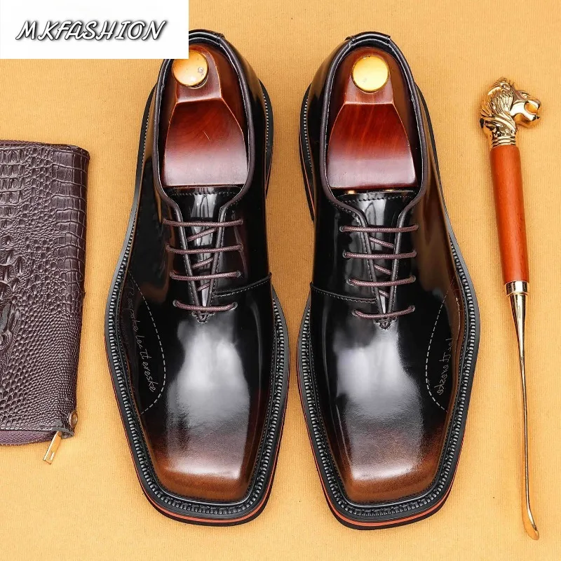 Fashion Men Business Formal Leather Shoes Square Toe Thick Soled Lace Up Flats Male Footwear