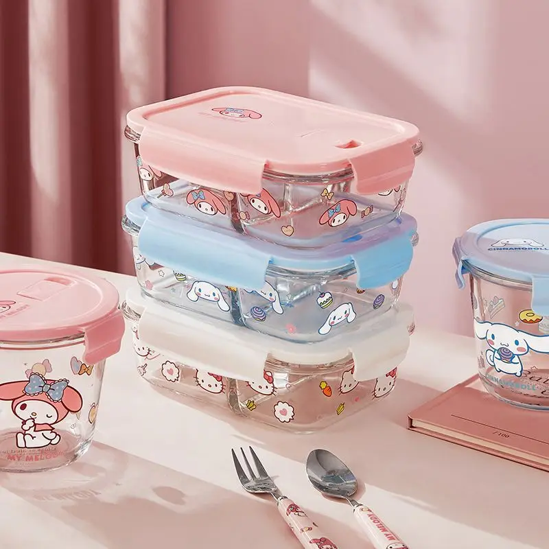 Sanrio Cinnamoroll My Melody Anime Kawaii Ins Glass Lunch Boxes Cute Microwave Safe Food Bowls Separated Bento Case Gifts