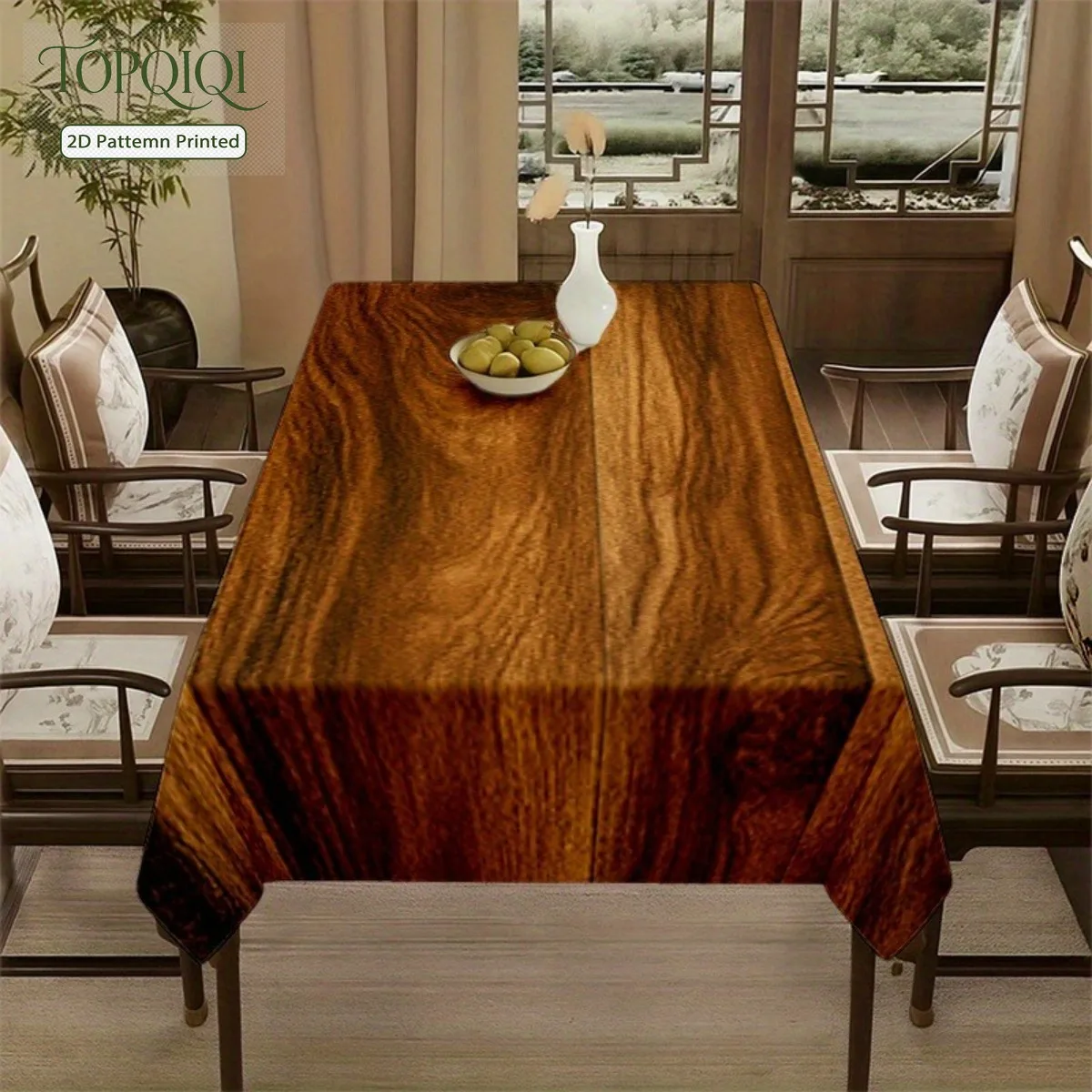 A realistic wood-grain tablecloth - dark brown wood grain.
