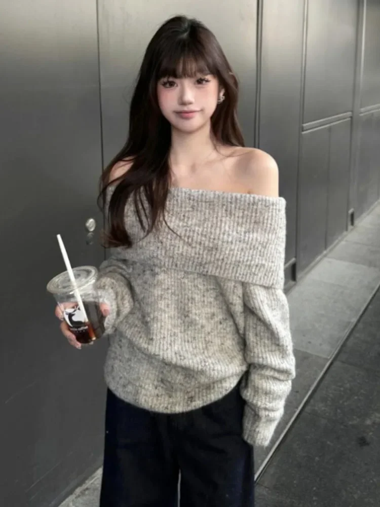 

Gray Pullovers For Women Fall Winter Clothing Temperament Jumper Korean Sueter Mujer Slash Neck Knitted Chic Sweater Pull Femme