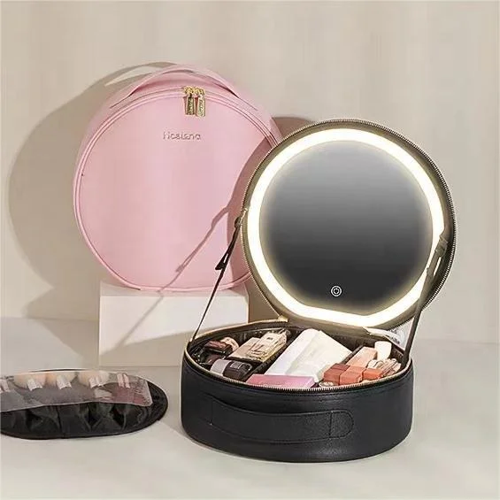 

Portable Large Capacity Desktop Cosmetic Storage Box Waterproof Leather Travel Portable Makeup Bag Case With LED Light Mirror