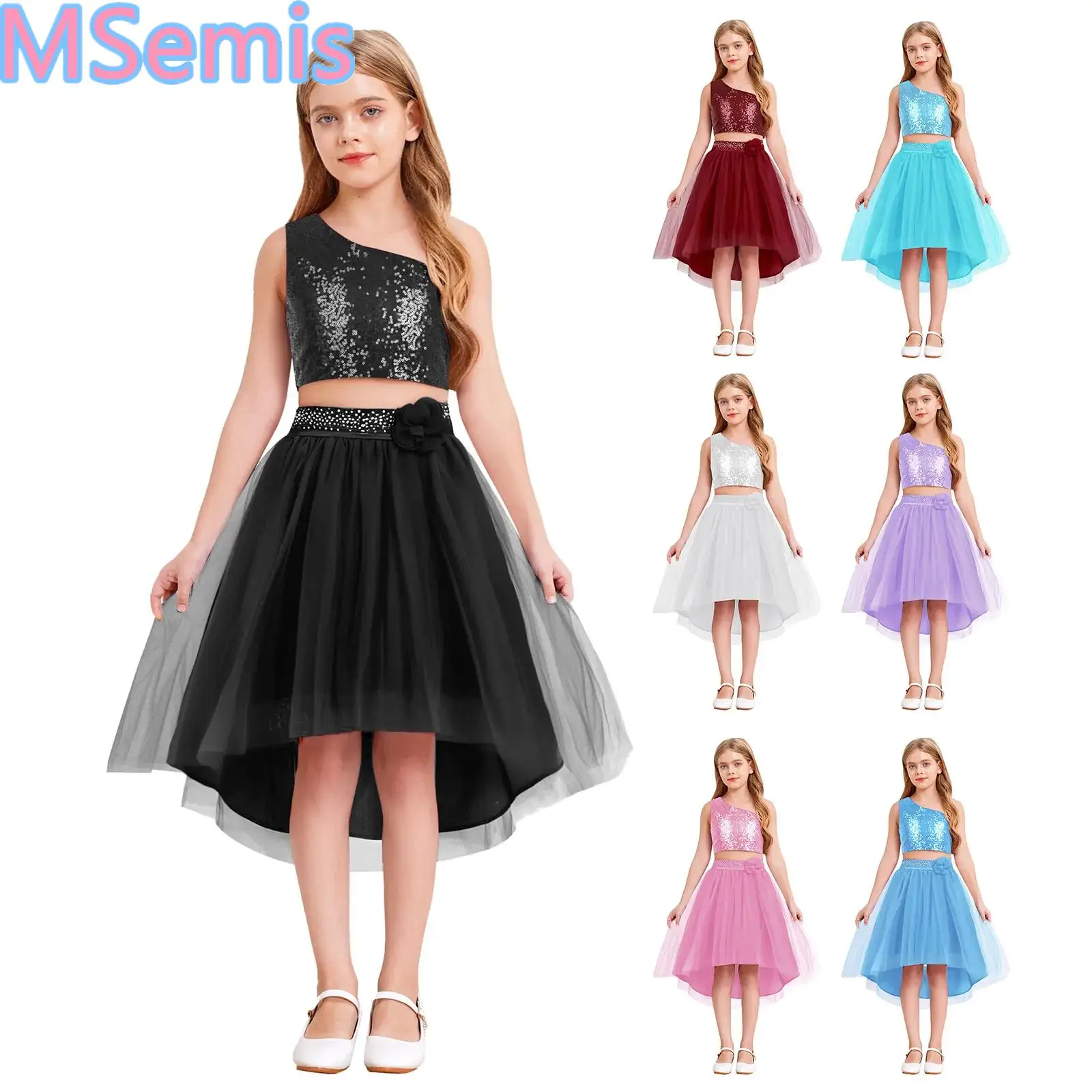 

Kids Girls Sparkly Sequins Wedding Sets Off-the-shoulder Tops with Rhinestone Decorated Irregular Hem Tulle Skirt for Banquet