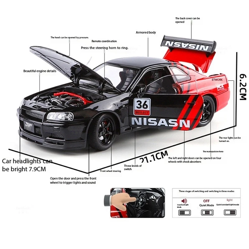 Diecast 1:24 Scale GTR Skyline Floral Edition Alloy Car Model Collection Display Ornament Toy Gift