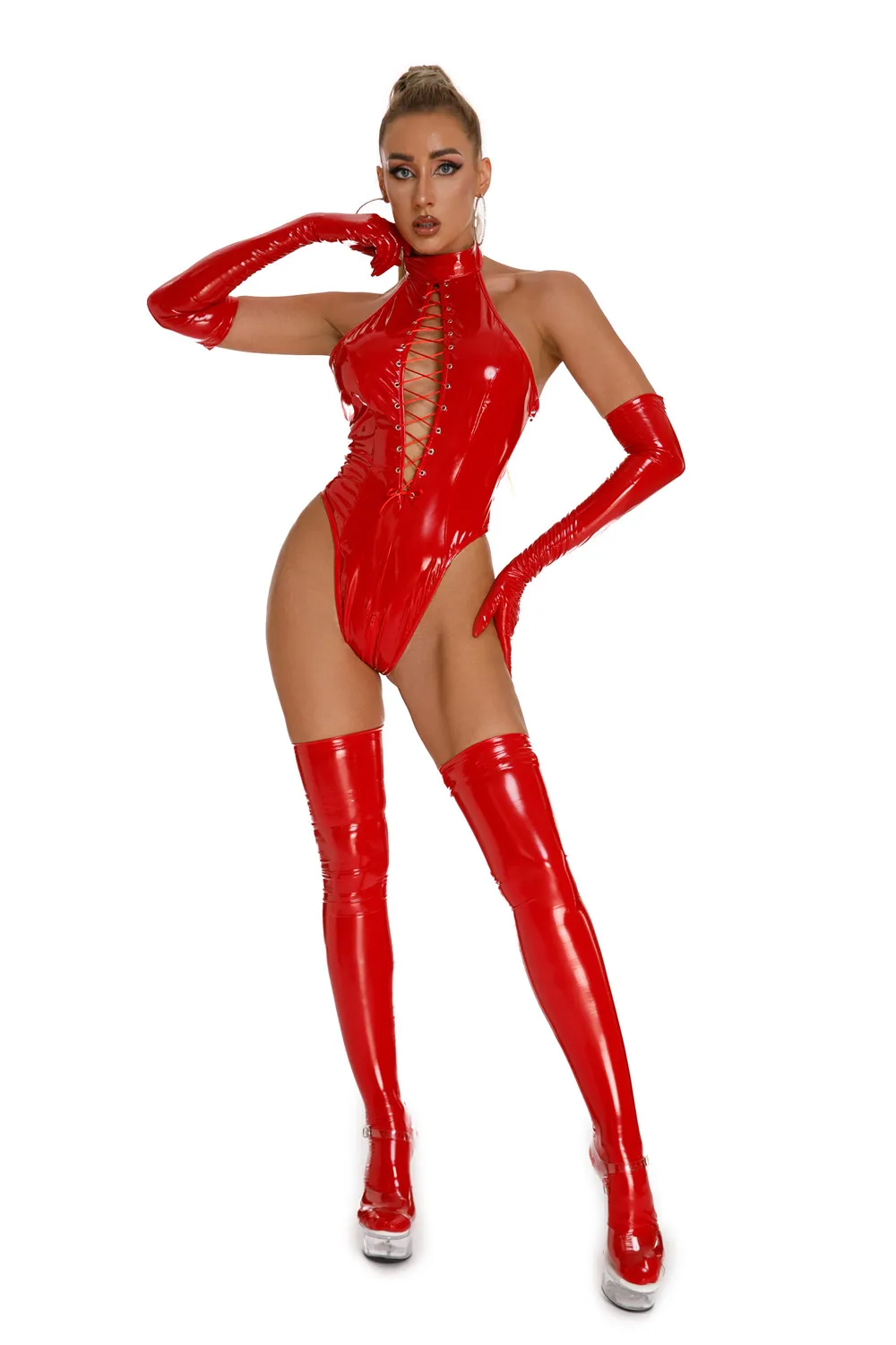 Women Sexy Lace up Lingerie Bodysuit Patent Leather Mock Neck Body Suit Glossy Zipper Catsuit for Club Pole Dancing Full Set