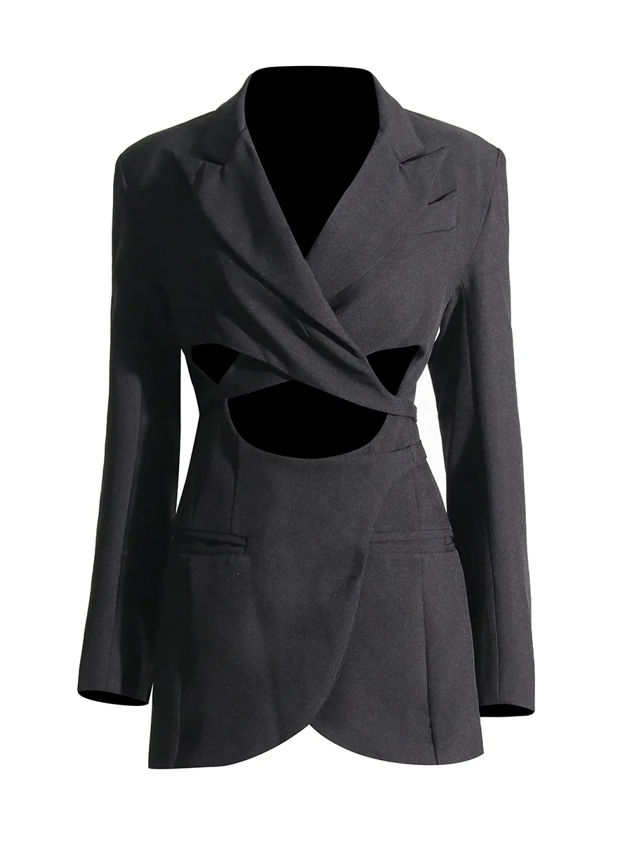 Blazer preto longo para mulheres, colarinho entalhado, cintura com cordões, oco fora, casaco de manga cheia, terno de cordão feminino, moda, 2023