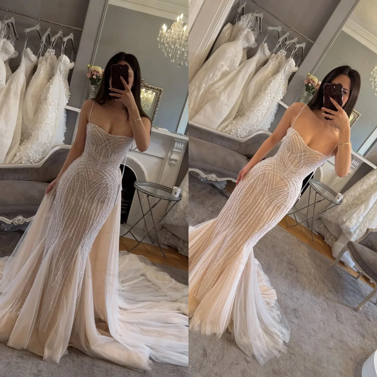 

Иллюзионные кружевные свадебные платья с блестками, женские сексуальные платья на тонких бретельках, свадебное платье без рукавов по индивидуальному заказу