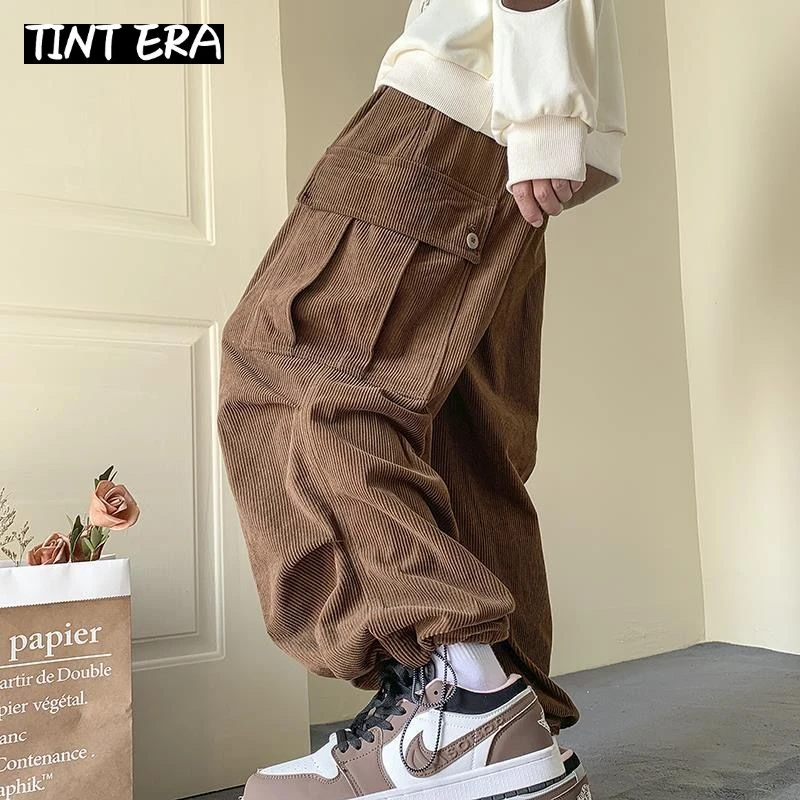 TINT ERA Corduroy Cargo Vintage Pants For Men Streetwear Cargo Trousers Male Joggers Hip Hop Green Black Japanese Pocket Korean