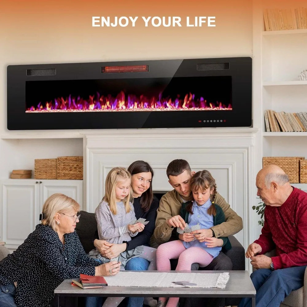 Sleek Ultra-Thin Electric Fireplace - Wall Mount or Recessed, Remote Control with Timer & Adjustable Flame Colors, 750W/1500W