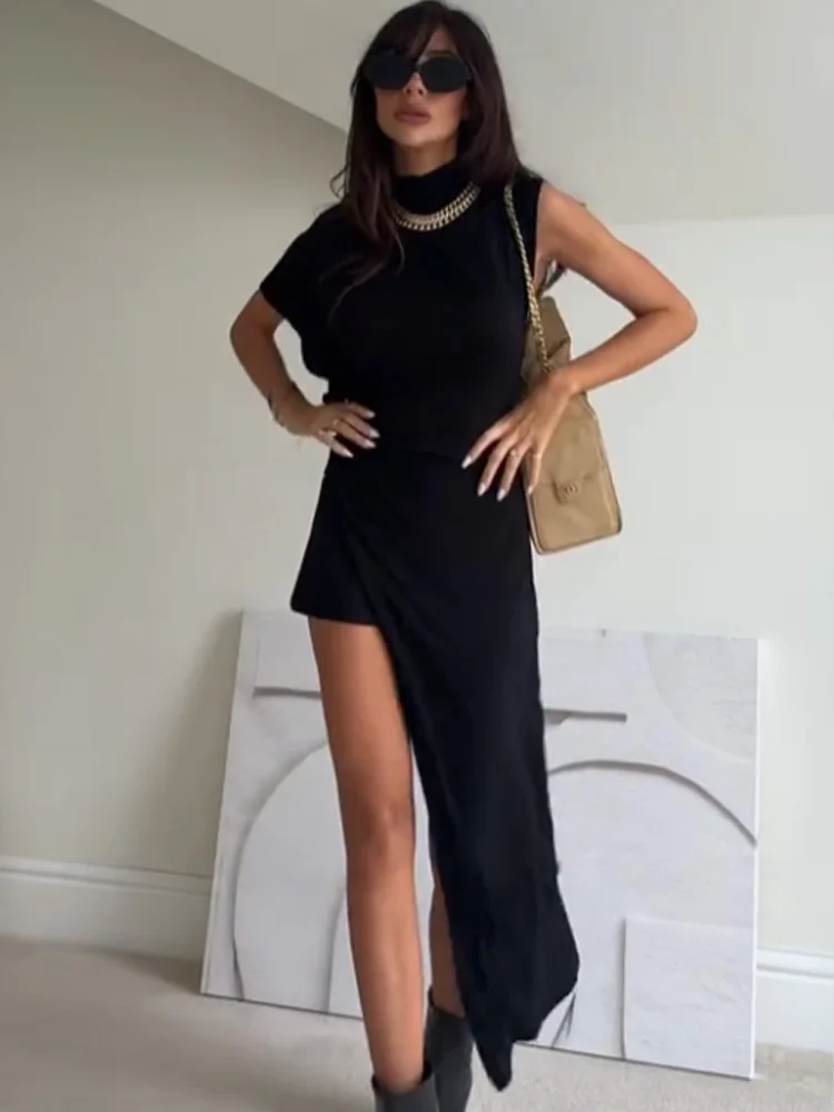 

Женский модный плиссированный асимметричный топ с декором, летний, сексуальный, без рукавов, с воротником-стойкой, однотонный, для вечеринок, 2026