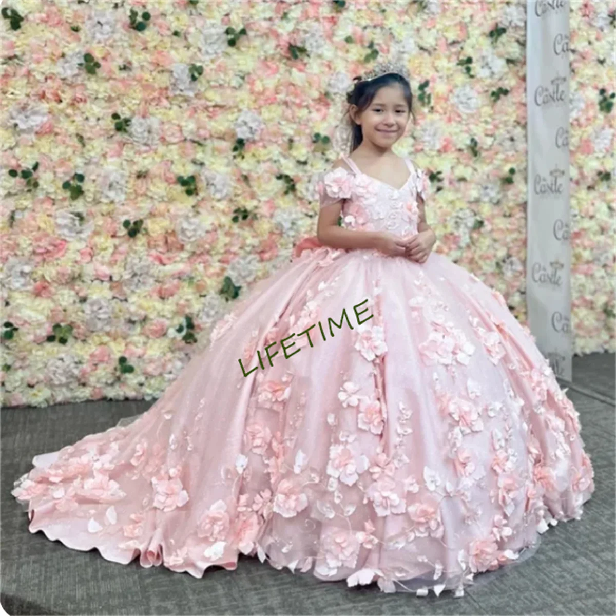 Vestido rosa elegante para niña, vestido de flores para bodas, vestido de Baile de Princesa con hombros descubiertos, vestidos florales de primera comunión 2024