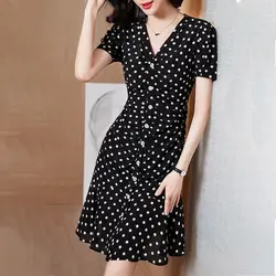 2023 Summer New Fashion Polka Dot V-neck Short Sleeve Vintage Dress Ladies Temperament Pleated Buttons Bodycon Dress Fashionable