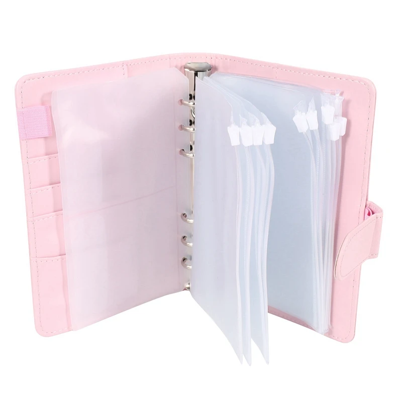 42 Binder Bags A6 With Leather Binder Cover, 18 Rings Budget Binder With Cash Envelope, Money Saving Binder (Pink)