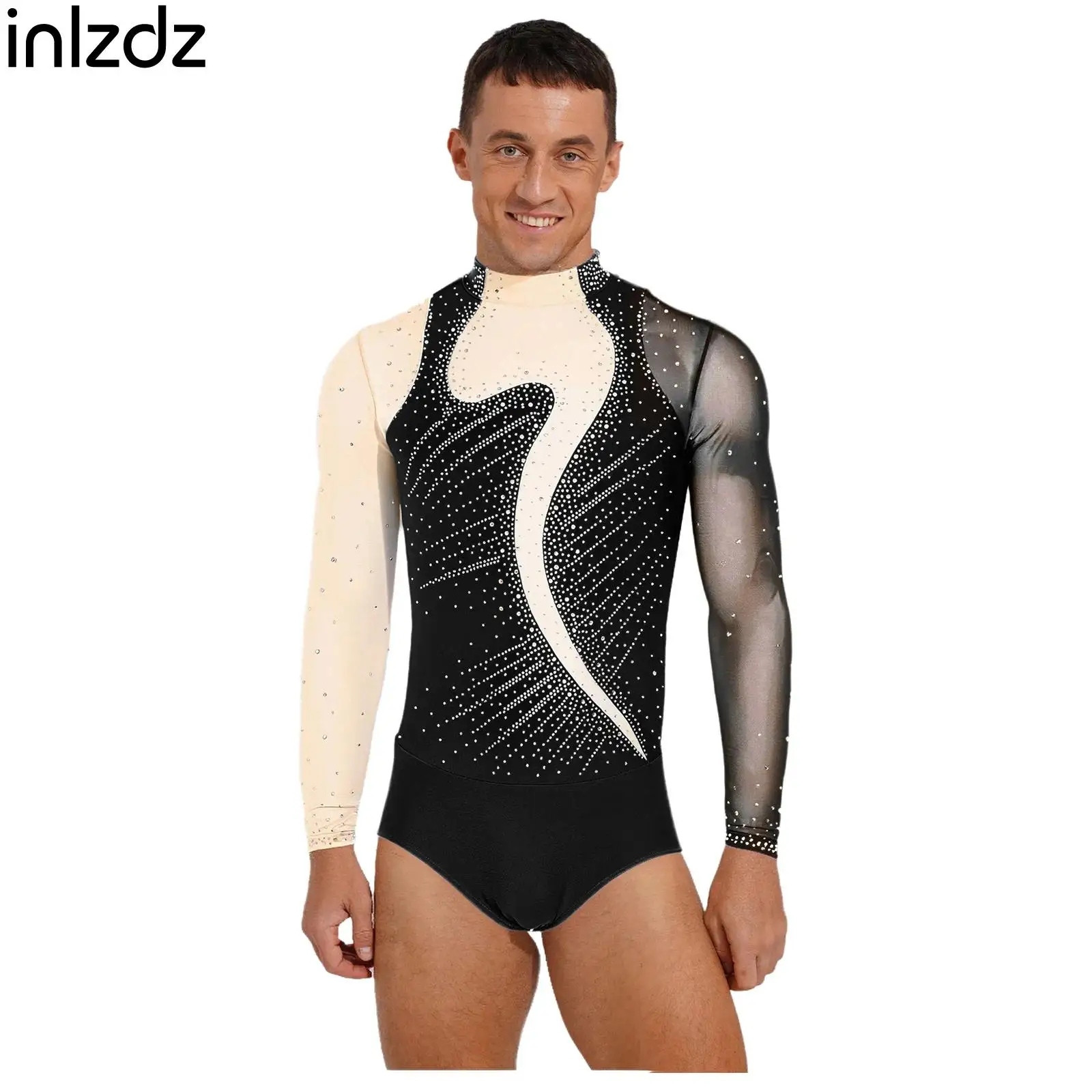 

Men's Latin Jazz Dance Leotard Jumpsuit Contrast Color Rhinestones Bodysuit Gymnastics Figure Skating Ballroom Chacha Costumes