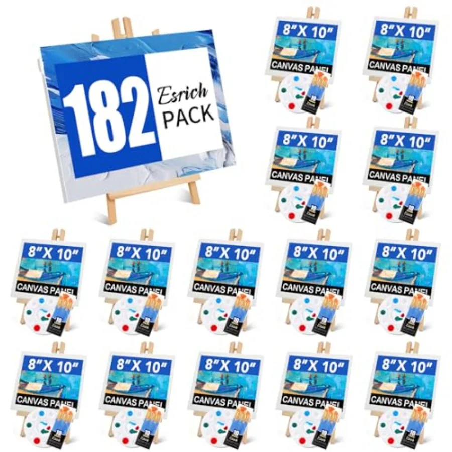 

182 Pack Canvas with Easel Set 8 x 10 in Canvas Boards with 11.8 in Wooden Easels Paint Brushes Canvas Panel Painting Kit for A