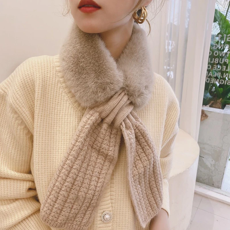 Woman\'s Rabbit Fur Knit Wool Cross Warm Scarf Winter Thicken Outdoor Neck Protect Cervical Spine False Collar Plush Scarves T21