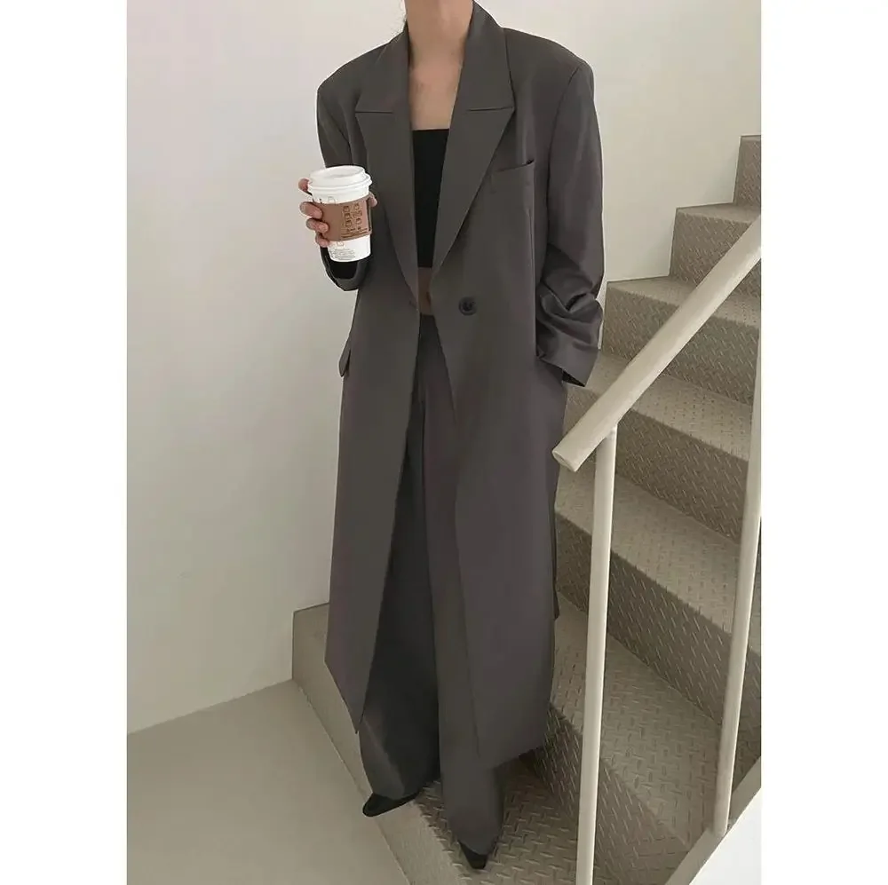 Grey Women Long Jacket Fashion Loose Single Buckle Female Daily Coat Formal Ankle Length Dress jaqueta feminina