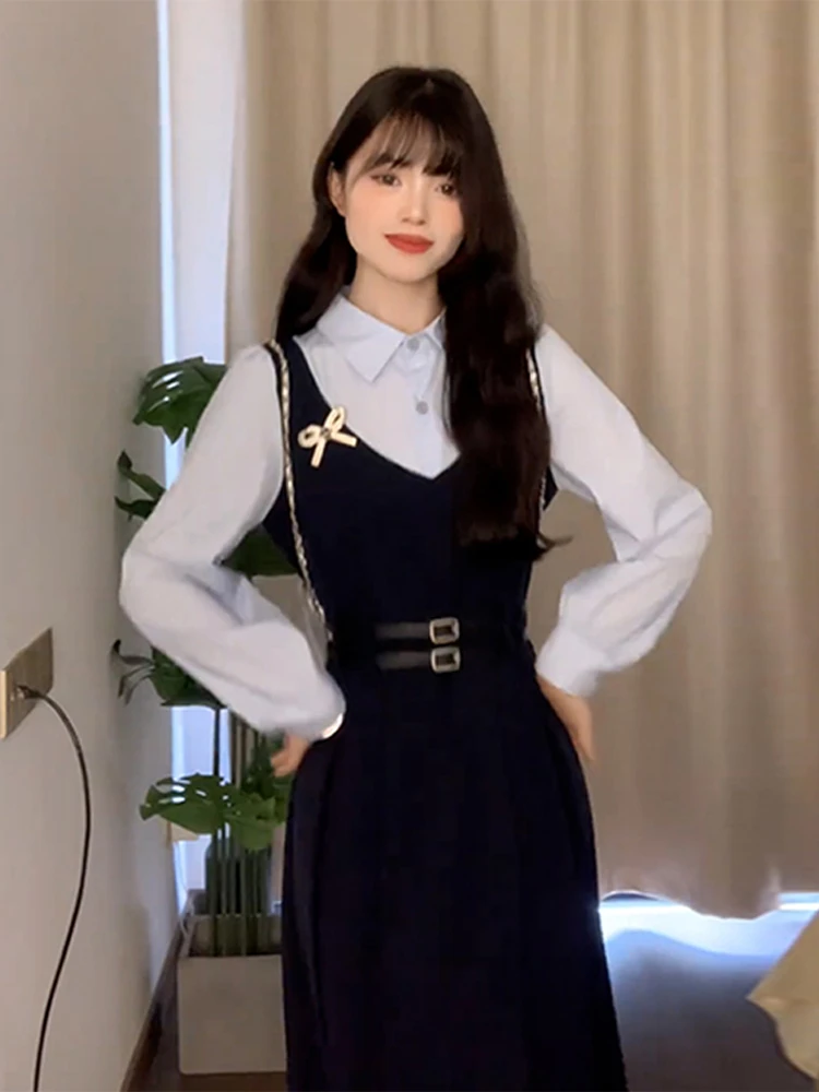 Jupe longue en Faux deux pièces pour fille, style coréen, bretelles Dr, taille haute, en Fiber de Polyester douce et confortable, automne et hiver