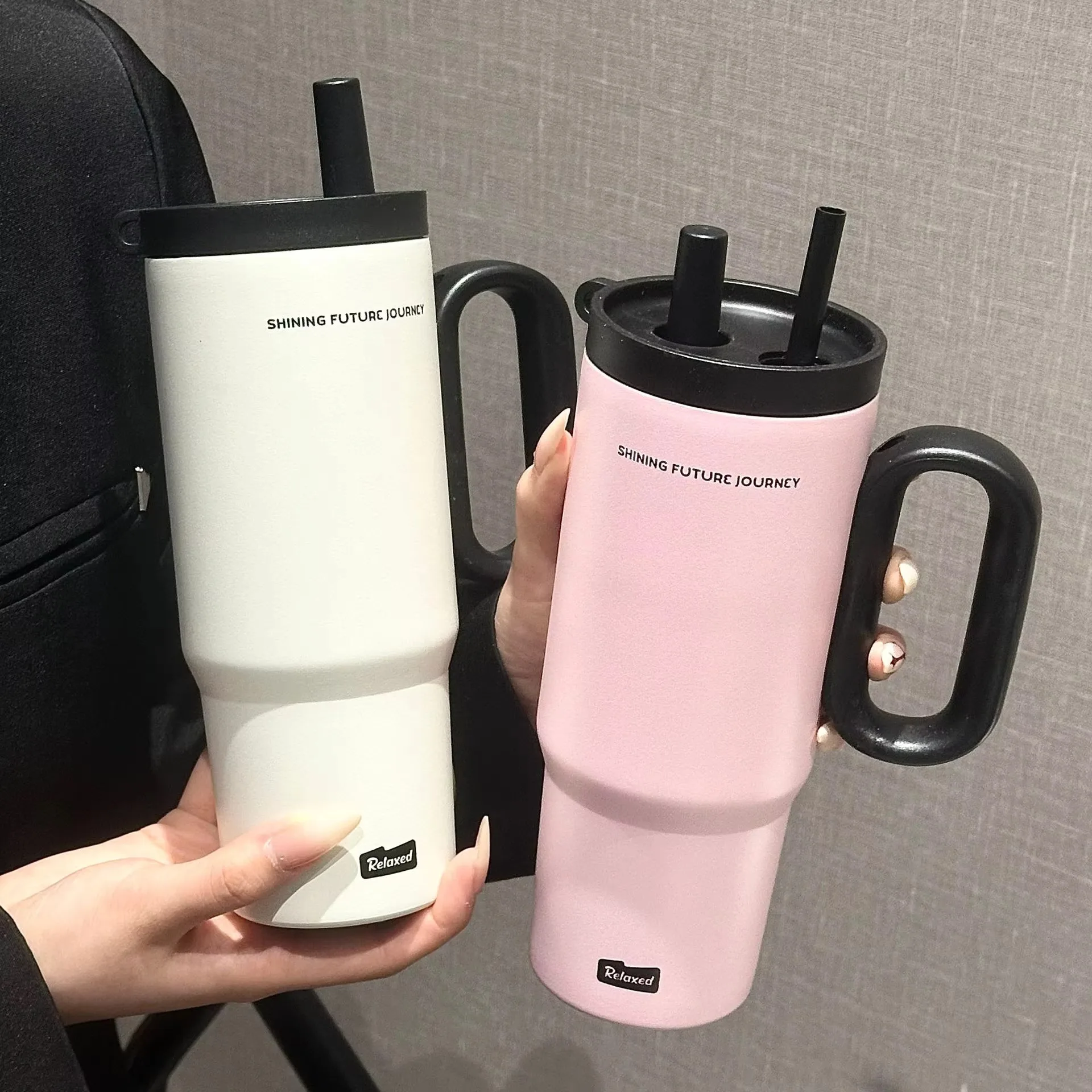 720ML Stainless Steel Thermos Cup With Straw & Handle Ice Coffee Drink Vacuum Insulated Cup Car Travel Outdoor Water Bottle