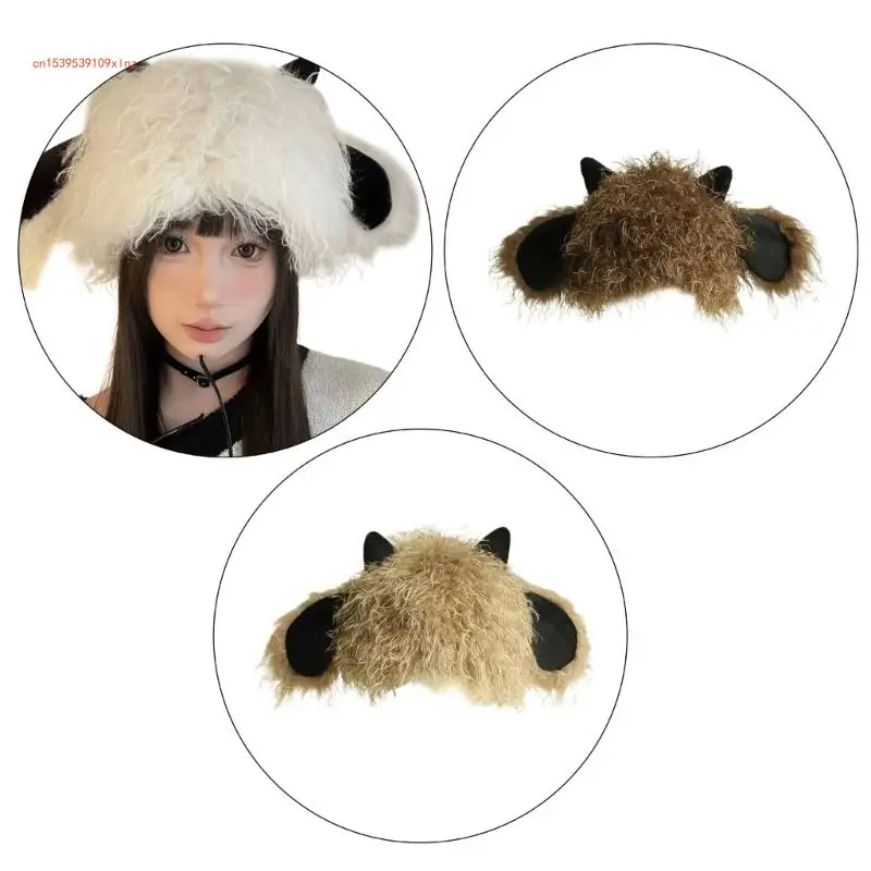 

Furry Cartoon Lamb Hat White Headwear for Women Winter Cycling Climbing Skiing