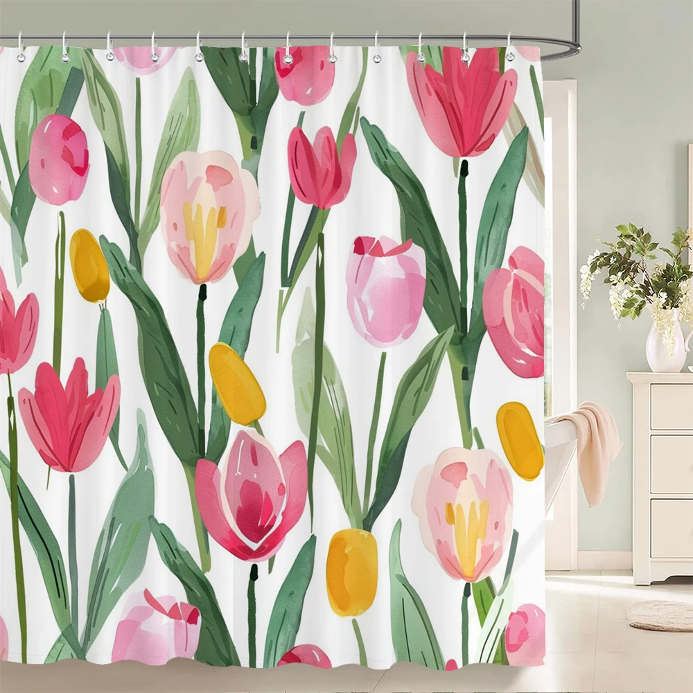 1 pack Watercolor tulip flowers pattern polyester material shower curtain bathroom partition curtain home decorative curtain