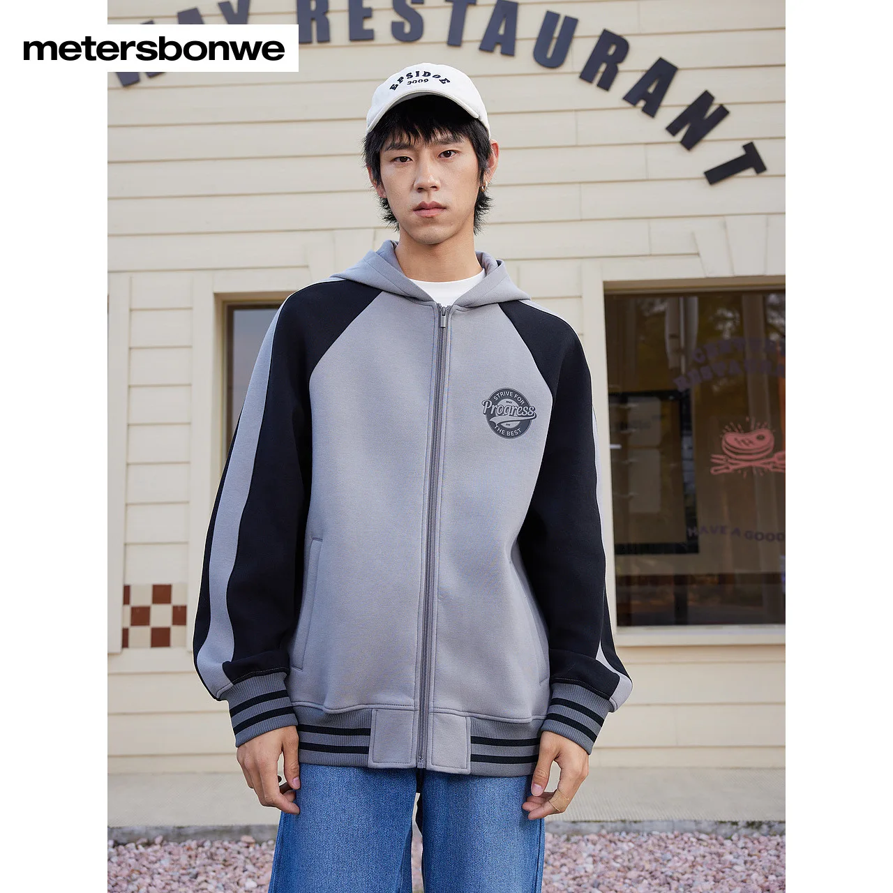 

Metersbonwe-Men Color Clash Hooded Raglan Jackets Classic Fashion Sleeve Outerwear Campus College Retro Sports Spring Autumn