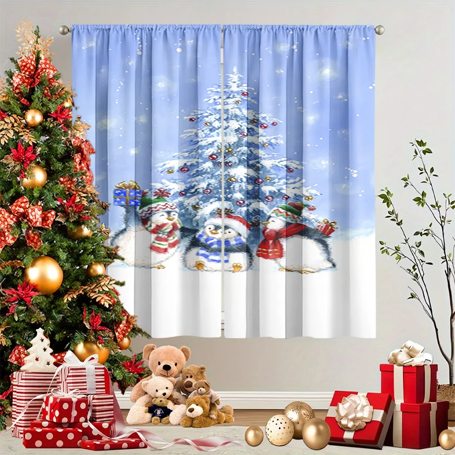 2PCS Christmas Winter Curtains, Cute Penguin Snowy Tree Gift Blue Winter, Digital Print, Bedroom Living Room, Home Decor